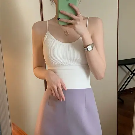 早春白色内搭带胸垫打底纯欲风吊带小背心女辣妹外穿美背抹胸上衣图片