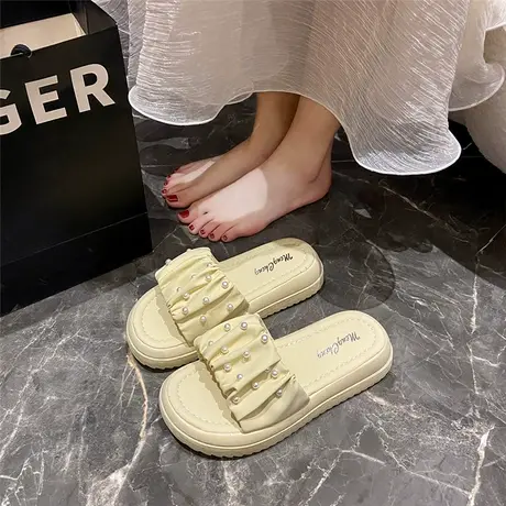 网红拖鞋女夏外穿2024新款一字拖厚底防滑沙滩凉拖珍珠女鞋ins潮商品大图