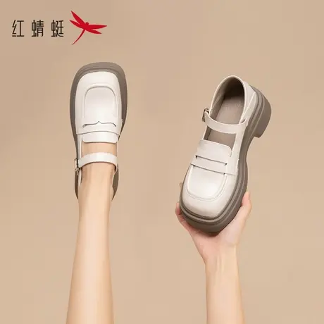 红蜻蜓米色小皮鞋2023春夏新款玛丽珍鞋女鞋单鞋厚底法式乐福鞋女商品大图