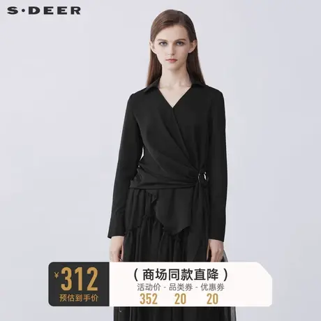 sdeer圣迪奥女装春秋装V领立体裁剪不规则黑色衬衫S21380508商品大图