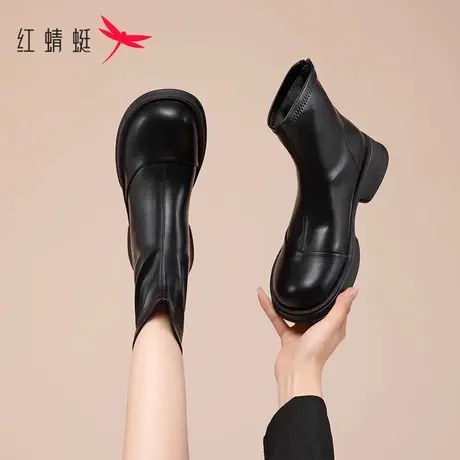 红蜻蜓黑色英伦风欧货短靴女靴2023新款春秋款单靴厚底切尔西靴女图片