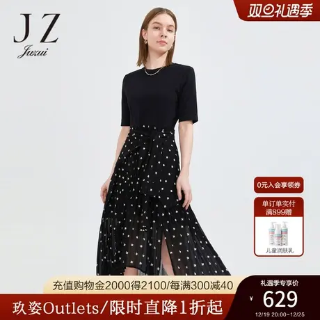 JZ玖姿简约圆领棉时尚开衩裙子女2022夏季新款系带收腰短袖连衣裙图片