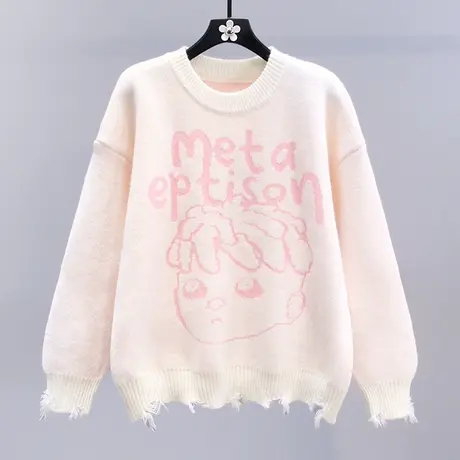 日系卡通提花毛衣女秋冬2023新款宽松慵懒风设计感圆领针织衫上衣图片