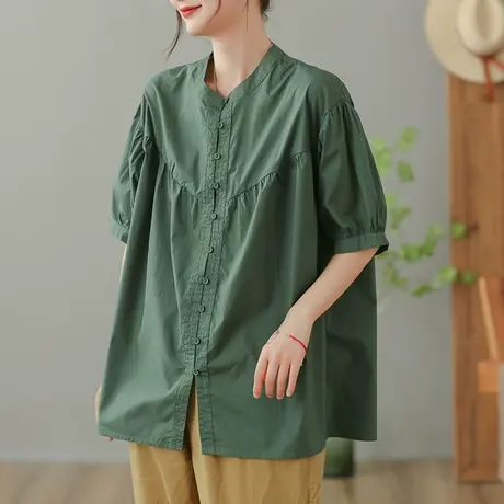 dza 复古拼接纯棉白衬衫女2023夏季薄款立领衬衣休闲宽松开衫上衣图片