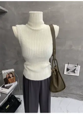 防貂绒手感～软糯高领无袖针织打底衫背心女紧身内搭上衣秋2022商品大图