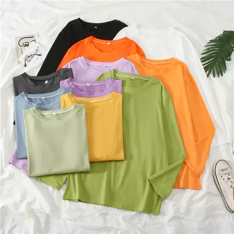 2023年糖果色长袖T恤女装中长款新款春秋宽松百搭慵懒风纯色上衣商品大图