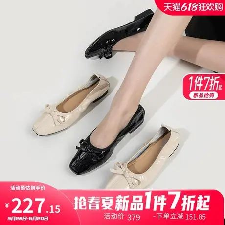 康奈女鞋2025春季新款法式方头平底鞋浅口蝴蝶结船鞋气质通勤单鞋图片