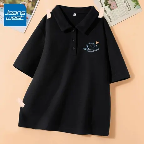 KV真维斯黑色POLO衫短袖t恤女夏季 2025新款正肩翻领体恤宽松上衣商品大图