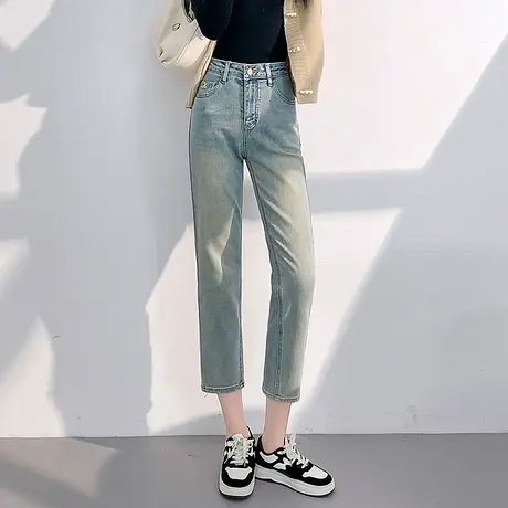 丽洁复古浅蓝直筒牛仔裤女春秋新款小个子春夏九分裤爆款烟管裤子商品大图