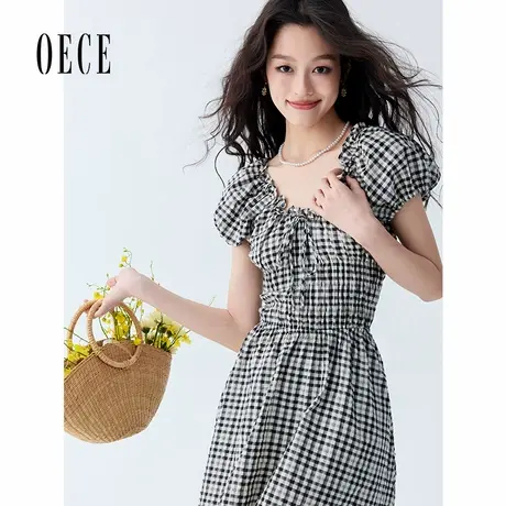 Oece法式泡泡袖连衣裙夏季新款女复古设计感小个子气质显瘦格纹裙图片
