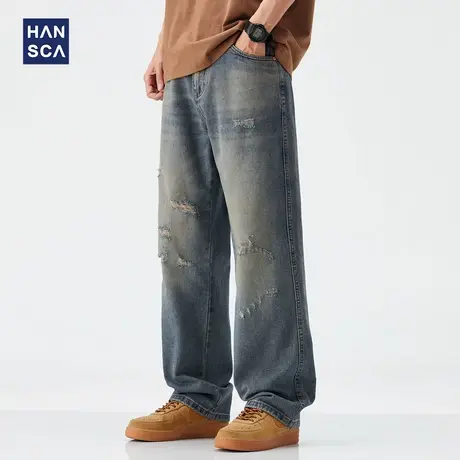 hansca美式潮牌直筒牛仔裤男2025春季破洞水洗做旧复古宽松长裤子商品大图