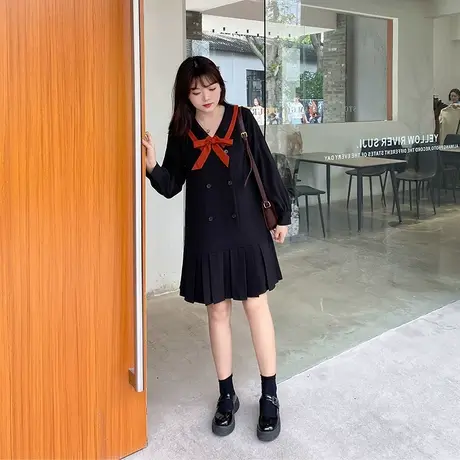 绮娑女装秋装新款减龄蝴蝶结显瘦百褶裙胖MM遮肉直筒大码连衣裙图片