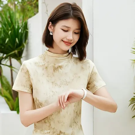 Q【精纺】玫瑰花刺绣针织衫春夏金银丝短袖T恤含桑蚕丝上衣图片