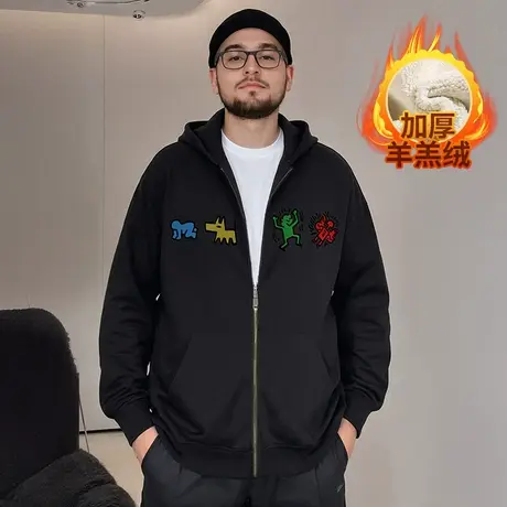 羊羔绒加肥加大码男装胖子卫衣加绒加厚宽松连帽衫秋冬季开衫外套商品大图