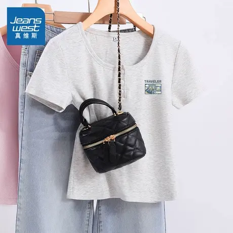 NOB 真维斯杏色u领开扣短袖t恤女2025新款夏季青少年活力短款上衣商品大图