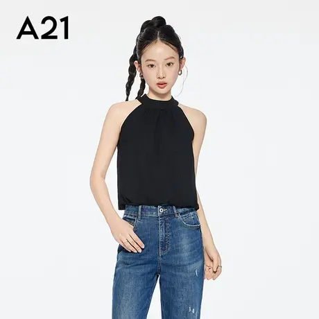 A21女装黑色挂脖圆领无袖t恤2025夏新款简约休闲百搭宽松露肩上衣图片