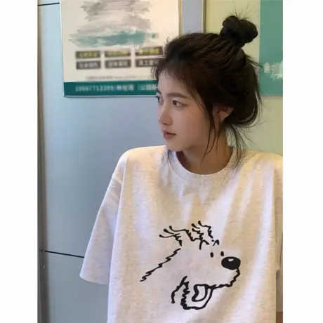 100%纯棉美式复古小狗短袖t恤女2025新款国潮欧货宽松半袖上衣ins商品大图