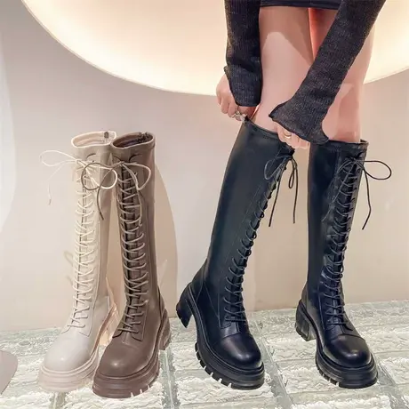 复古时尚长靴女2023新款秋季厚底小个子不过膝骑士靴粗跟洋气靴子商品大图