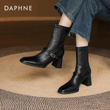 达芙妮黑色短靴女2025新款秋季瘦瘦靴高跟女靴方头厚底增高马丁靴商品大图