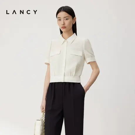 LANCY/朗姿2024夏季桑蚕丝通勤短袖白衬衫真丝简约薄款百搭上衣女图片