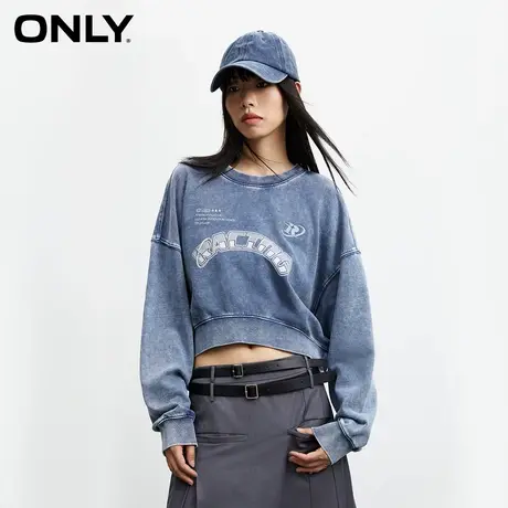 【ONLY奥莱】秋季潮流休闲百搭刺绣拼接圆领短款卫衣女图片