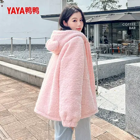 鸭鸭女装羽绒服女士2024新品时尚连帽宽松鸭绒保暖羊羔毛薄外套J商品大图