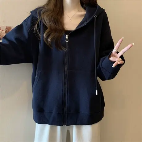 超火cec薄款连帽卫衣女春秋百搭宽松显瘦华夫格拉链开衫上衣外套图片