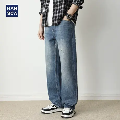 hansca直筒破洞牛仔裤男潮牌痞帅2025新款秋季复古纯棉复古长裤子商品大图