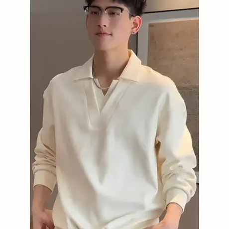 假两件卫衣男春秋季美式潮牌个性纯色设计V领上衣宽松长袖polo衫图片