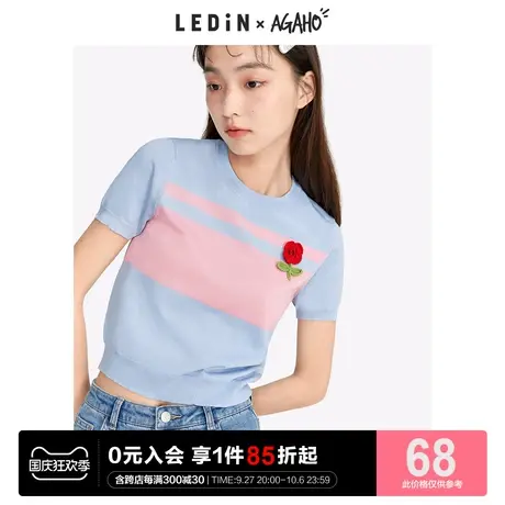 乐町条纹撞色薄款女上衣夏季新款少女毛衣短袖针织衫商品大图
