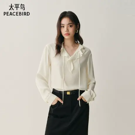 太平鸟 仿真丝轻柔荷叶边长袖衬衫25冬季新款短款内搭雪纺衬衣女m商品大图