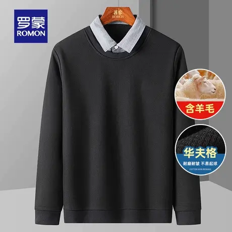 【华夫格+含羊毛】罗蒙男士加绒假两件针织衫2025秋季新款毛线衣商品大图