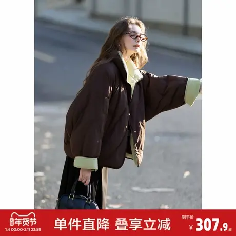 唐狮冬季新款短款羽绒服女撞色灯芯绒拼接蝙蝠袖立领防寒保暖时尚图片