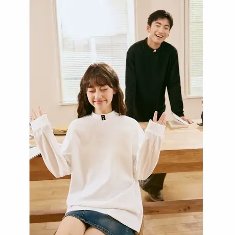 唐狮春季新款情侣t恤女半高领仿德绒宽松内搭保暖打底衫潮流TD图片