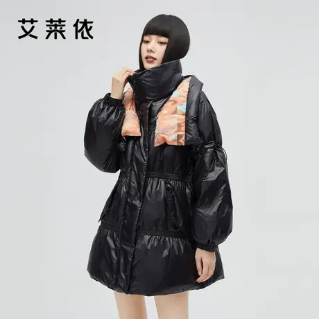 艾莱依冬季新款羽绒服中长款女印花拼接设计感披肩式防风鸭绒外套图片