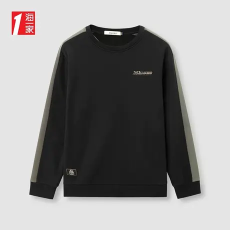 海一家字母绣花时尚拼色套头衫2023冬季新款加绒休闲保暖卫衣男图片