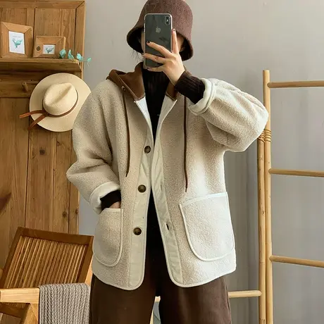 dza 复古皮毛一体加厚保暖短款羊羔绒外套女冬外穿连帽宽松上衣女商品大图