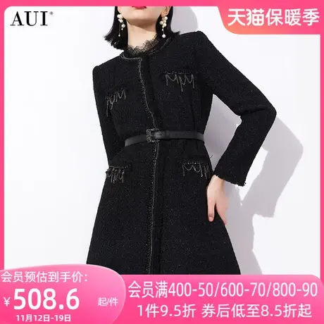 AUI黑色小香风粗花呢外套女2023秋冬新款正肩休闲中长款修身大衣商品大图