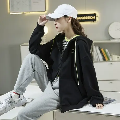 唐狮加菲猫加绒外套女春秋季新款宽松连帽夹克上衣拉链开衫潮图片