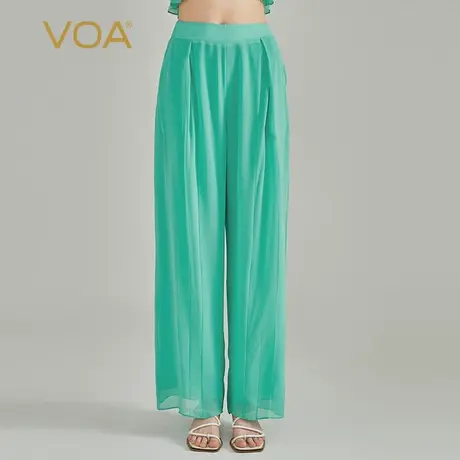 VOA真丝乔其春绿自然腰后腰松紧双层乔其立体压褶轻盈飘逸直筒裤图片