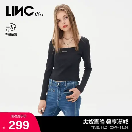 LINCCHIC金羽杰T恤女新款机能感打底纯棉方领长袖T恤女S231FK043Y商品大图