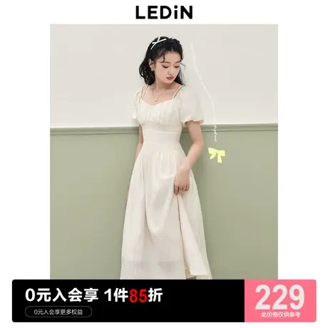 乐町飘逸仙女裙女2023年夏季新款法式方领连衣裙米白色泡泡袖长裙商品大图