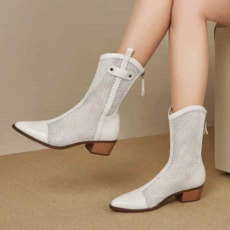 新款真皮软面耐穿中跟网靴中筒凉靴女春夏粗跟尖头镂空网纱马丁靴商品大图