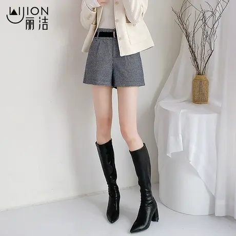 丽洁女裤外穿短裤女格子裤高腰卡其毛呢裤秋季新款英伦阔腿靴裤商品大图
