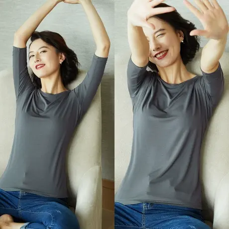 雀后秋装新款七分袖T恤女中袖百搭内搭上衣圆领纯色莫代尔打底衫商品大图