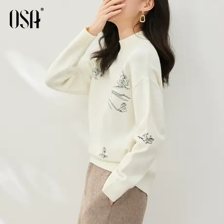 OSA欧莎白色半高领针织打底衫软糯套头刺绣毛衣女秋冬2023年新款商品大图