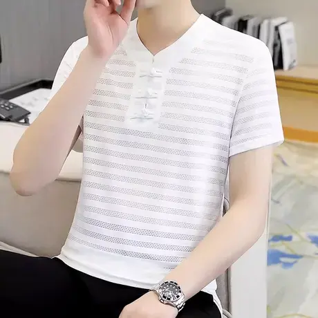 中式盘扣短袖男士冰丝网眼速干上衣潮流韩版V领夏装半袖条纹薄t恤商品大图
