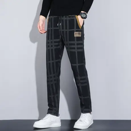 国潮修身休闲裤男士长裤2023春秋季新款潮流百搭格子运动小脚裤子商品大图