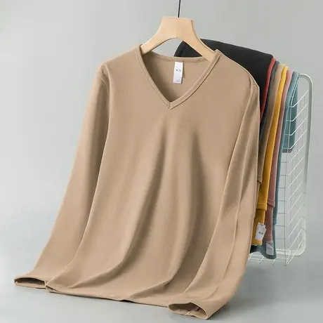 德绒长袖t恤男秋冬季潮流V领纯色上衣服保暖内搭打底衫双面绒体恤图片