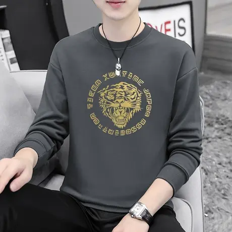 虎年卫衣男烫金虎头无帽上衣服宽松潮流百搭秋冬加绒圆领长袖t恤商品大图